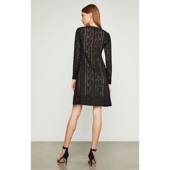 New! BCBGMAXAZRIA Waving Vines Long Sleeve Lace Shift Dress Size XS Black - Picture 4 of 10